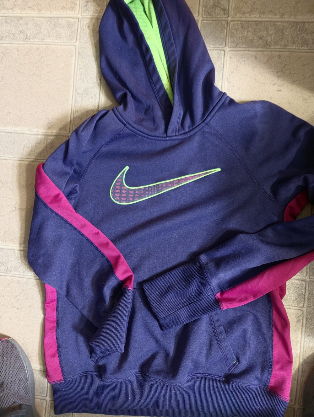 Nike Navy Hoodie with Pink Accents and Neon Green Swoosh